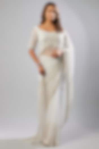 White Tulle Cutdana Bead Embellished Saree Set by FATIZ