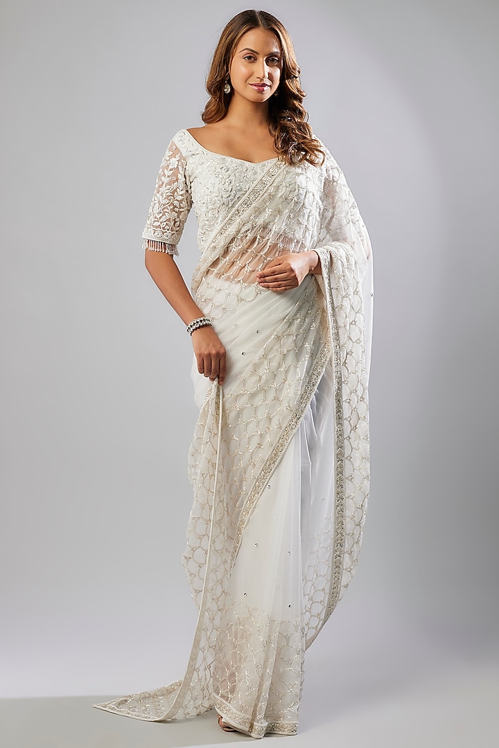 White Tulle Cutdana Bead Embellished Saree Set by FATIZ