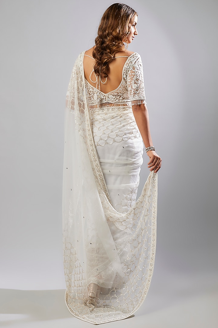 White Tulle Cutdana Bead Embellished Wedding Saree Set by FATIZ at Pernia's Pop Up Shop