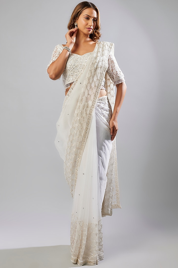 White Tulle Cutdana Bead Embellished Wedding Saree Set by FATIZ at Pernia's Pop Up Shop