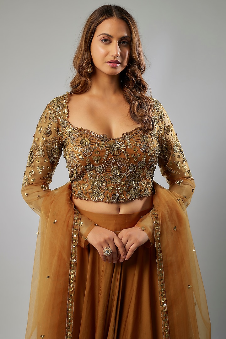 Rust Orange Silk Organza Wedding Lehenga Set by FATIZ at Pernia's Pop Up Shop