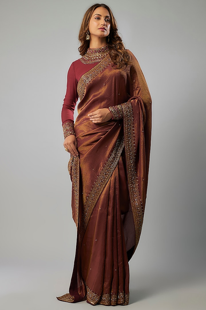 Maroon Tissue Georgette Glass Bead Embellished Saree Set by FATIZ at Pernia's Pop Up Shop