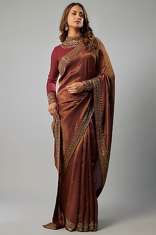 Maroon Tissue Georgette Glass Bead Embellished Saree Set by FATIZ