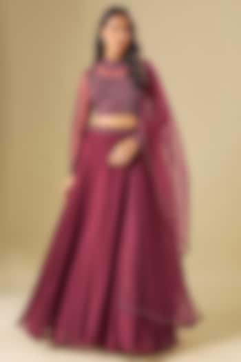 Wine Georgette Sequins & Crystal Embellished Wedding Lehenga Set by FATIZ at Pernia's Pop Up Shop
