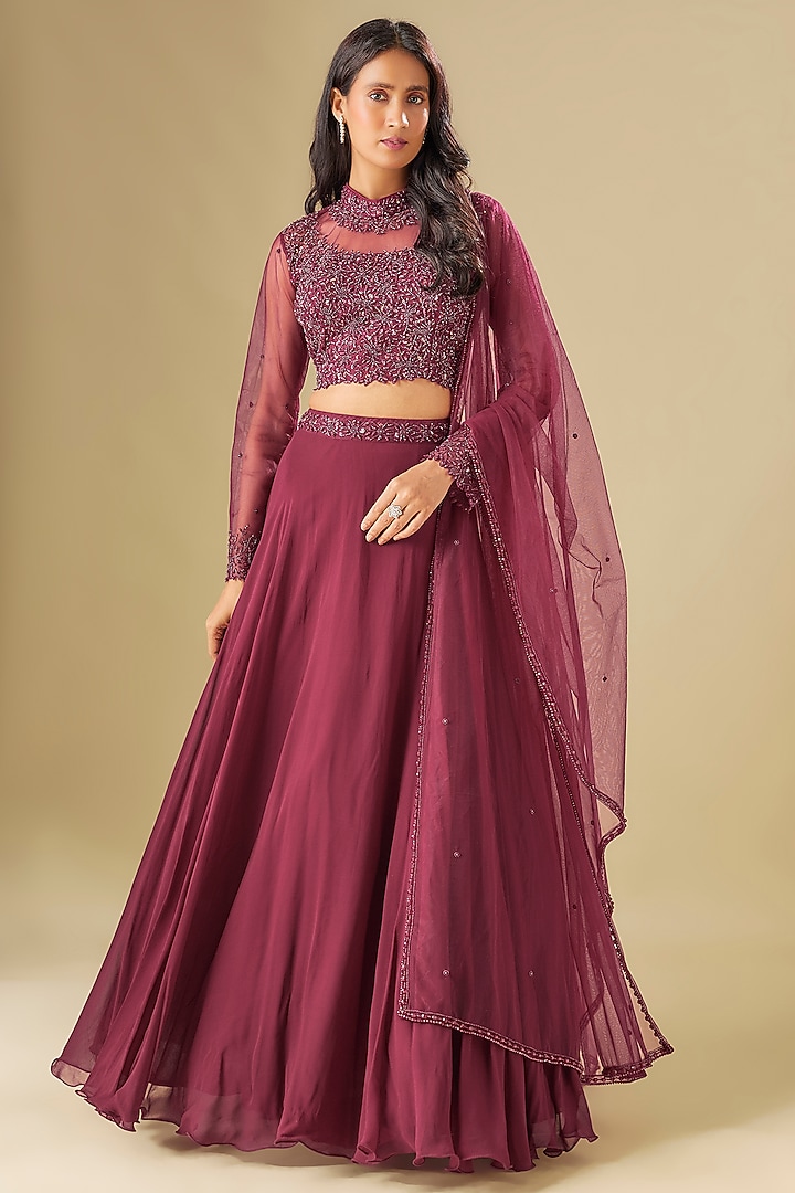 Wine Georgette Sequins & Crystal Embellished Wedding Lehenga Set by FATIZ at Pernia's Pop Up Shop