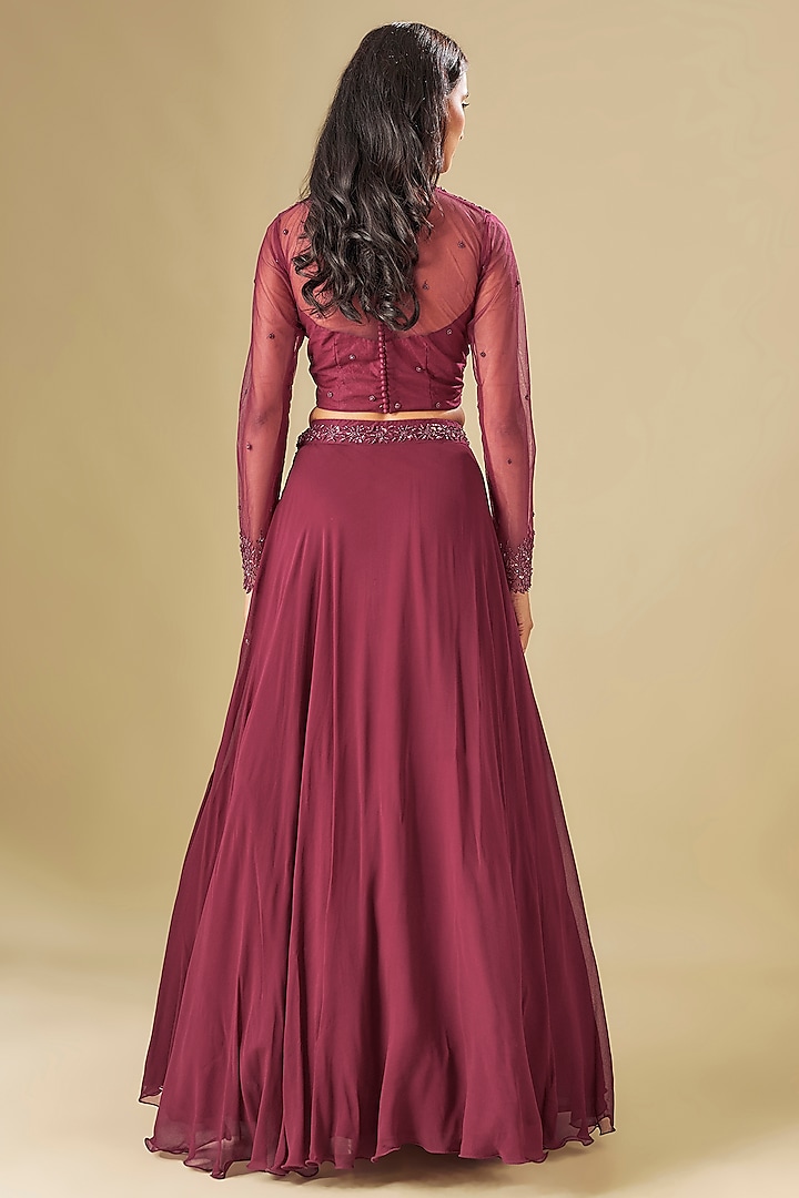 Wine Georgette Sequins & Crystal Embellished Wedding Lehenga Set by FATIZ at Pernia's Pop Up Shop