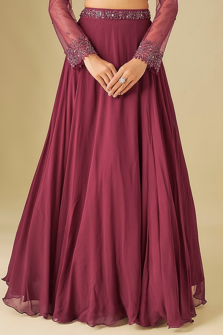 Wine Georgette Sequins & Crystal Embellished Wedding Lehenga Set by FATIZ at Pernia's Pop Up Shop