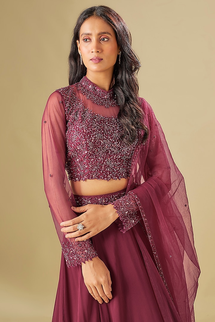 Wine Georgette Sequins & Crystal Embellished Wedding Lehenga Set by FATIZ at Pernia's Pop Up Shop