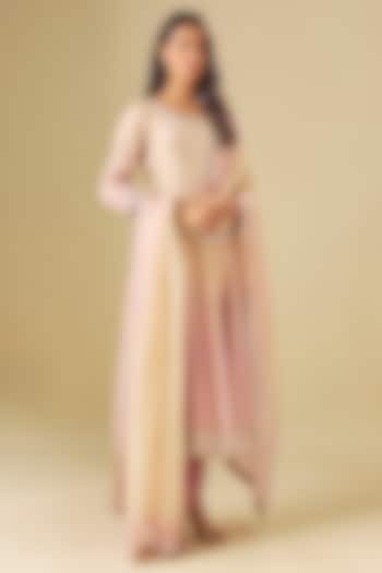 Ivory & Nude Pink Tissue Georgette Crystal Hand Embellished Wedding Anarkali Set by FATIZ at Pernia's Pop Up Shop