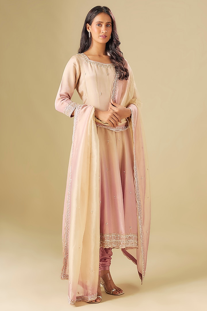 Ivory & Nude Pink Tissue Georgette Crystal Hand Embellished Wedding Anarkali Set by FATIZ at Pernia's Pop Up Shop