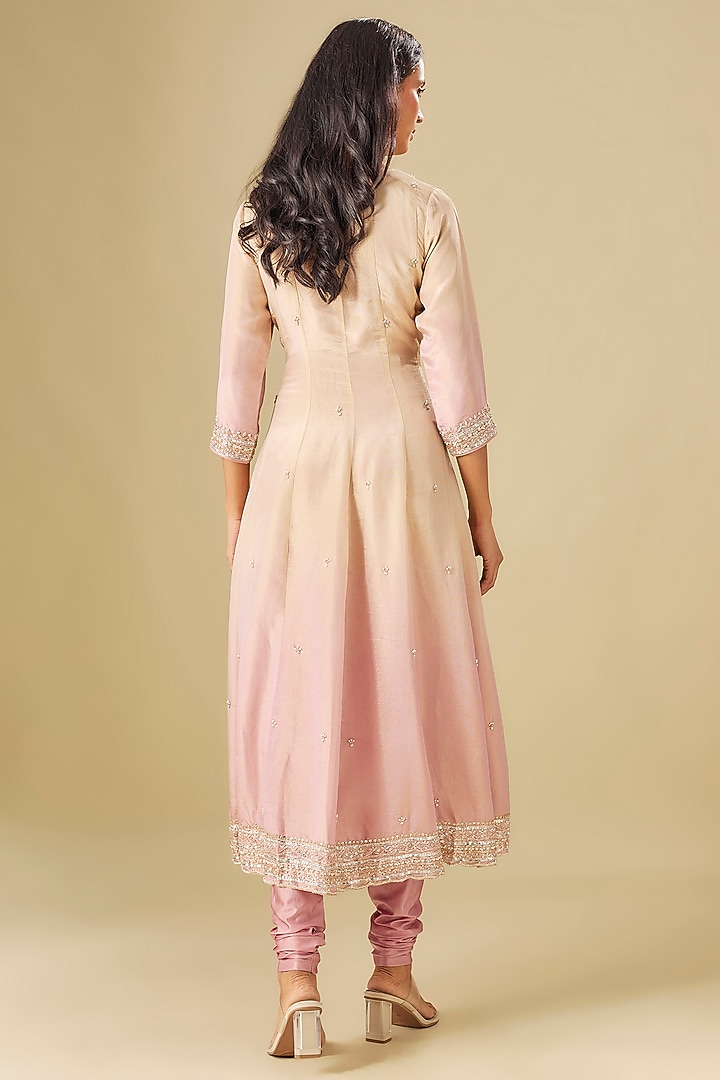 Ivory & Nude Pink Tissue Georgette Crystal Hand Embellished Wedding Anarkali Set by FATIZ at Pernia's Pop Up Shop