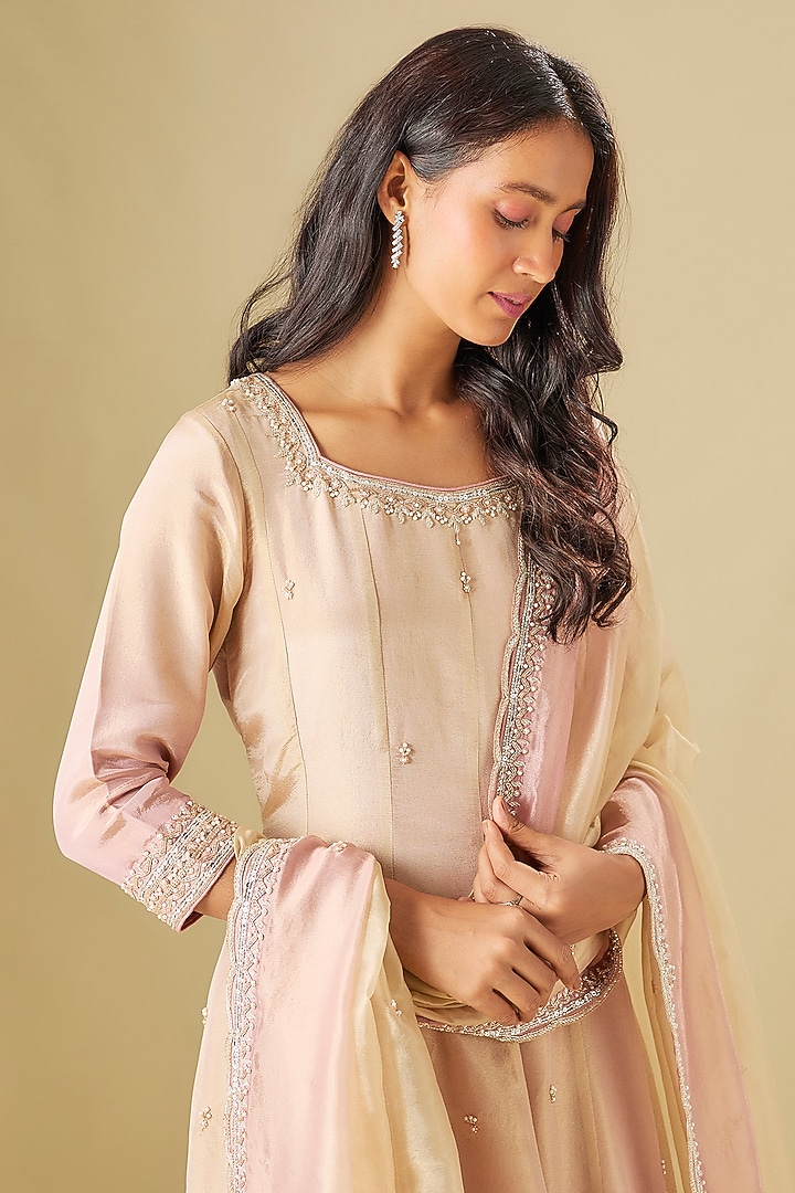 Ivory & Nude Pink Tissue Georgette Crystal Hand Embellished Wedding Anarkali Set by FATIZ at Pernia's Pop Up Shop
