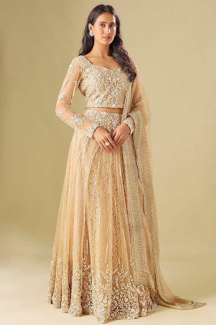 Champagne Tulle Thread Embroidered Wedding Lehenga Set by FATIZ at Pernia's Pop Up Shop