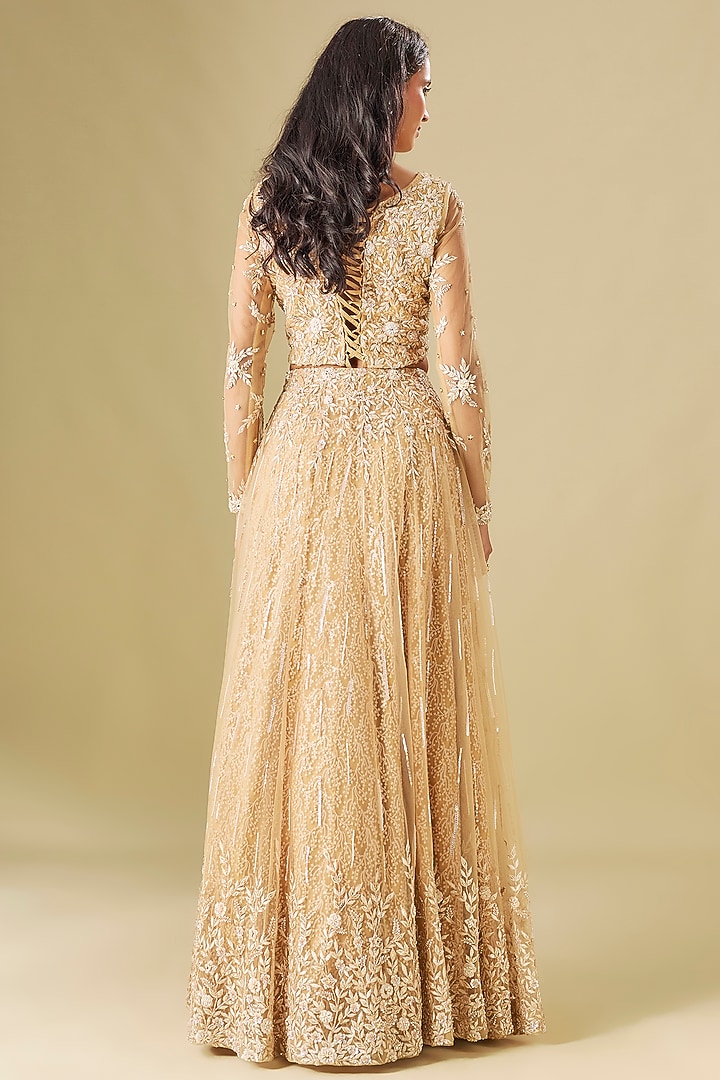 Champagne Tulle Thread Embroidered Wedding Lehenga Set by FATIZ at Pernia's Pop Up Shop