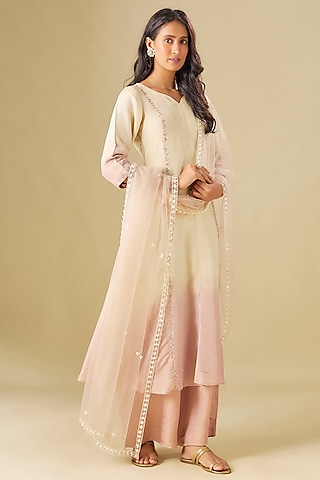 Ivory & Nude Pink Tissue Georgette Crystal Hand Embellished Anarkali Set by FATIZ