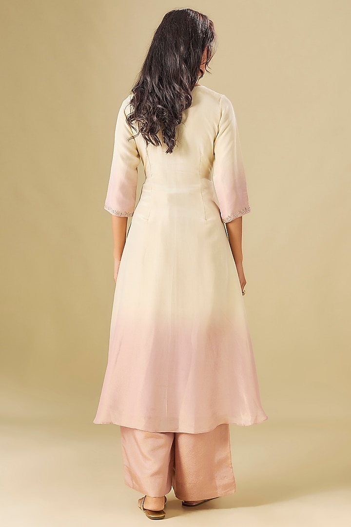 Ivory & Nude Pink Tissue Georgette Crystal Hand Embellished Party Wear Anarkali Set by FATIZ at Pernia's Pop Up Shop