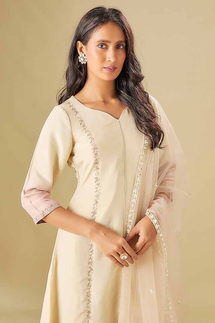 Ivory & Nude Pink Tissue Georgette Crystal Hand Embellished Party Wear Anarkali Set by FATIZ at Pernia's Pop Up Shop