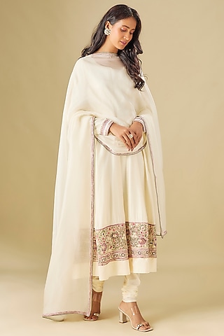 Ivory Russian Silk Crystal Embellished Anarkali Set by FATIZ