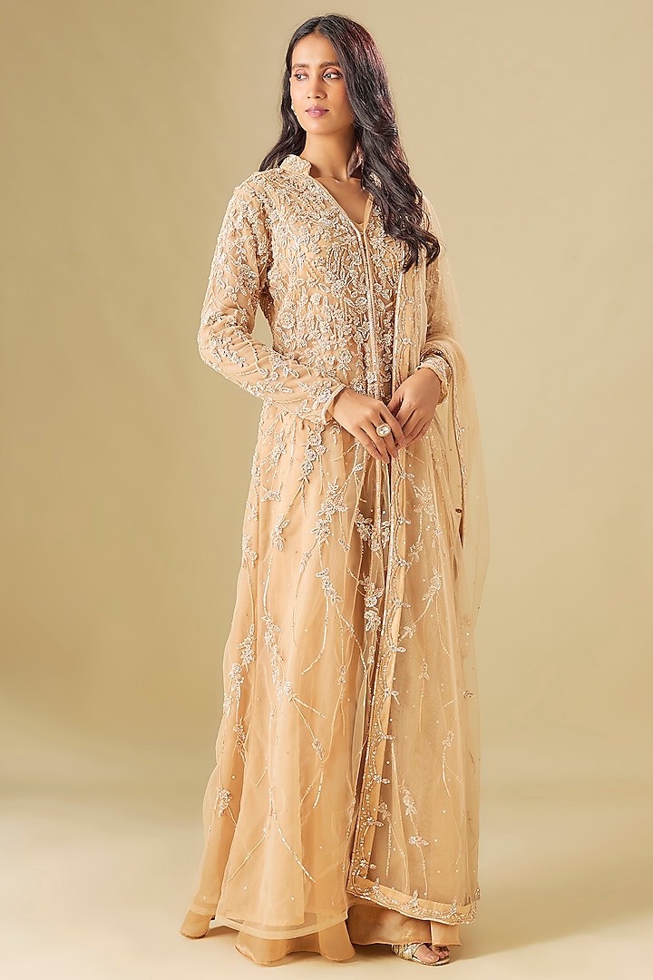 Champagne Tulle Crystal Hand Embellished Jacket Set by FATIZ at Pernia's Pop Up Shop