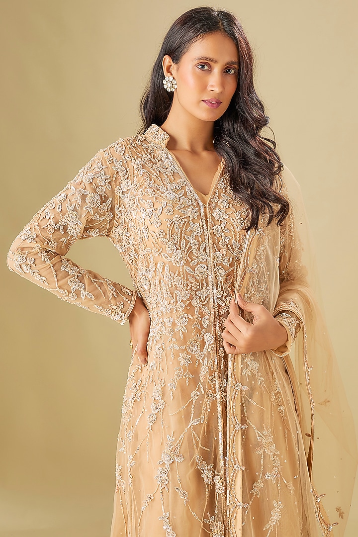 Champagne Tulle Crystal Hand Embellished Jacket Set by FATIZ at Pernia's Pop Up Shop