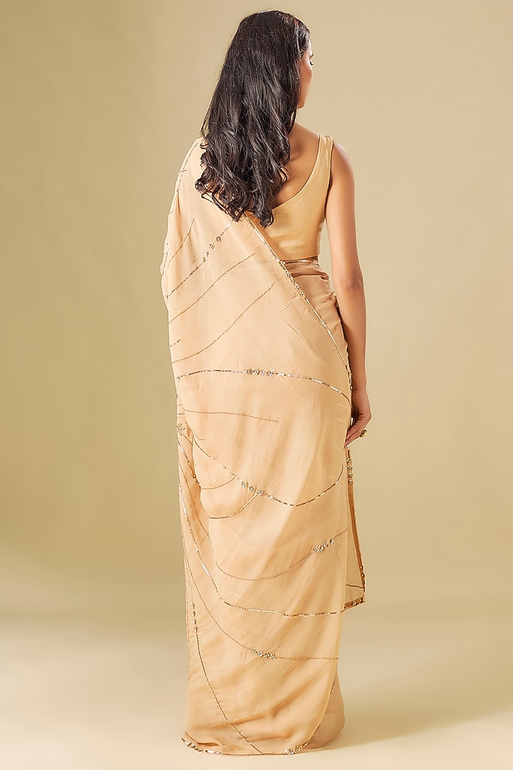 Champagne Silk Organza Sequins Hand Embellished Wedding Saree Set by FATIZ at Pernia's Pop Up Shop