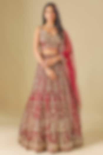 Red Tulle Crystal Hand Embroidered Bridal Lehenga Set by FATIZ at Pernia's Pop Up Shop