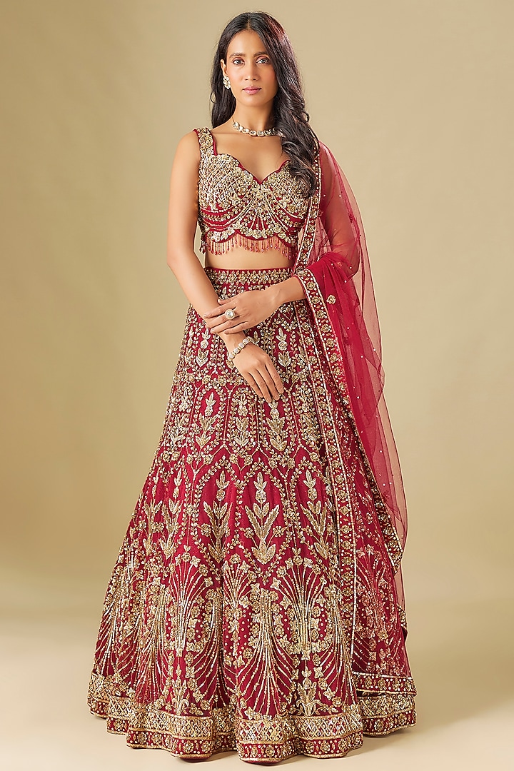 Red Tulle Crystal Hand Embroidered Bridal Lehenga Set by FATIZ at Pernia's Pop Up Shop
