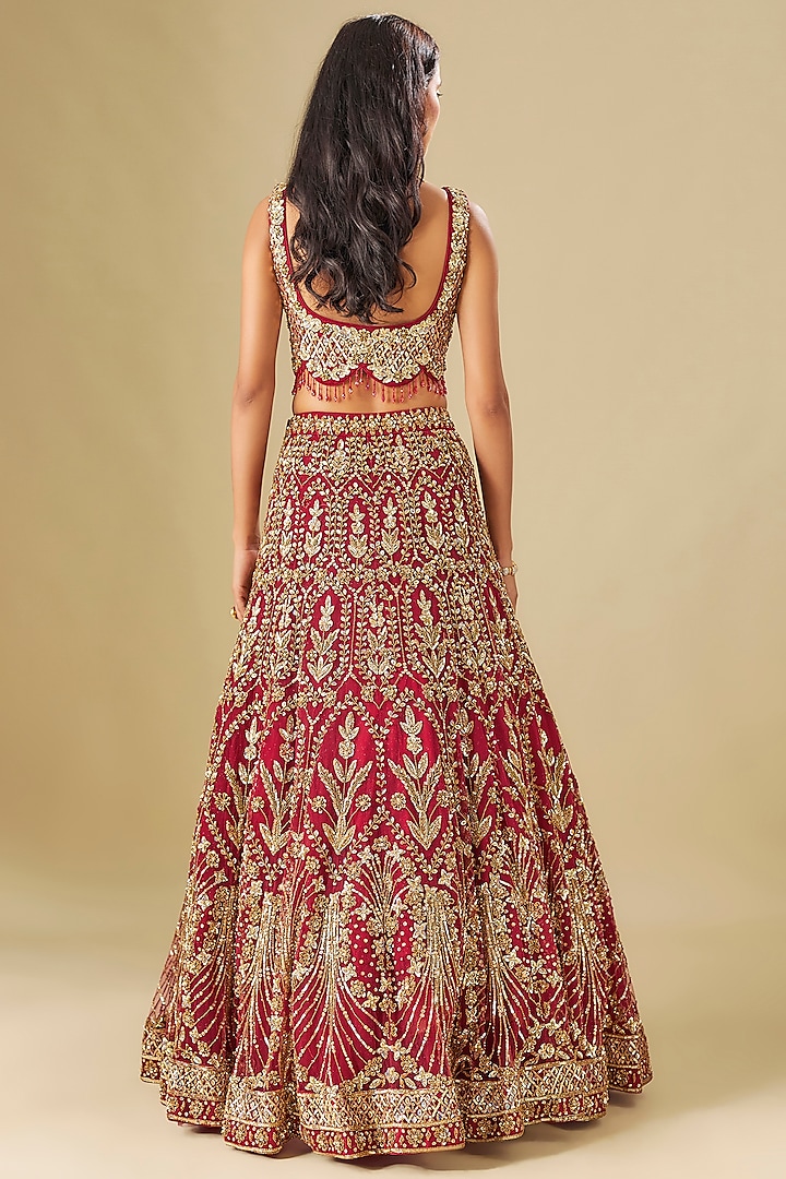 Red Tulle Crystal Hand Embroidered Bridal Lehenga Set by FATIZ at Pernia's Pop Up Shop
