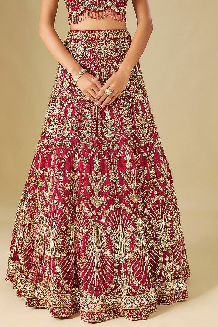 Red Tulle Crystal Hand Embroidered Bridal Lehenga Set by FATIZ at Pernia's Pop Up Shop