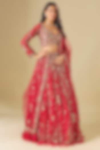 Red Tulle Crystal Hand Embroidered Wedding Lehenga Set by FATIZ at Pernia's Pop Up Shop