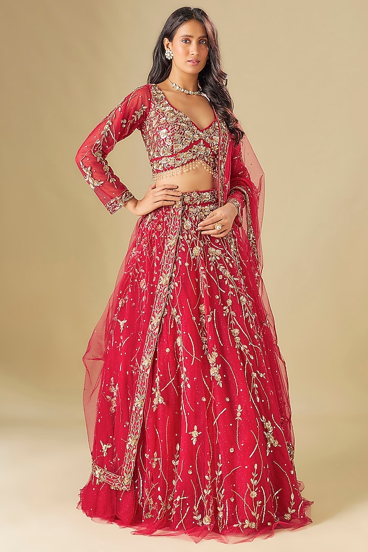 Red Tulle Crystal Hand Embroidered Wedding Lehenga Set by FATIZ at Pernia's Pop Up Shop