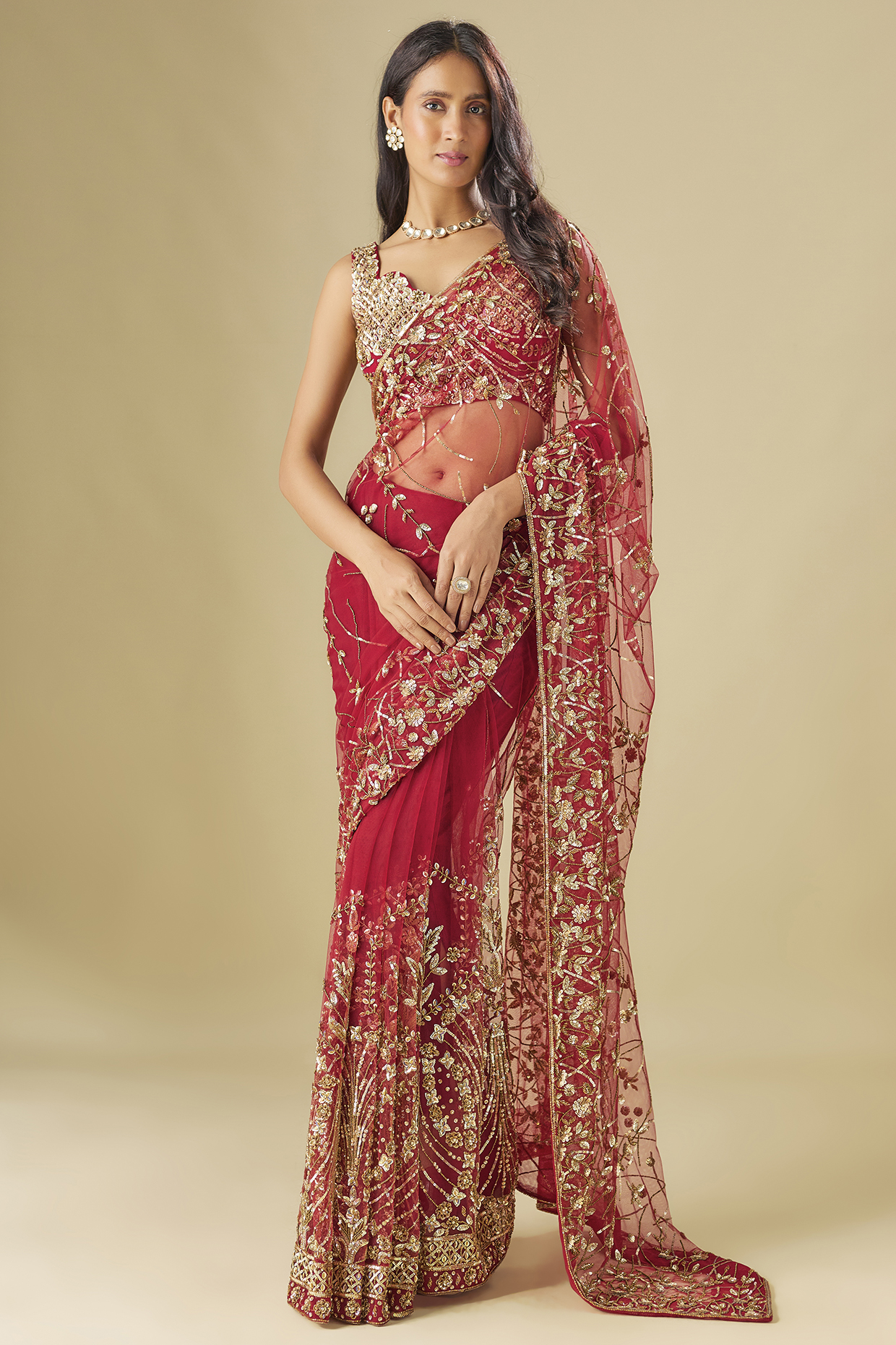 Red Tulle Sequins Hand Embellished Reception Saree Set by FATIZ at Pernia's Pop Up Shop