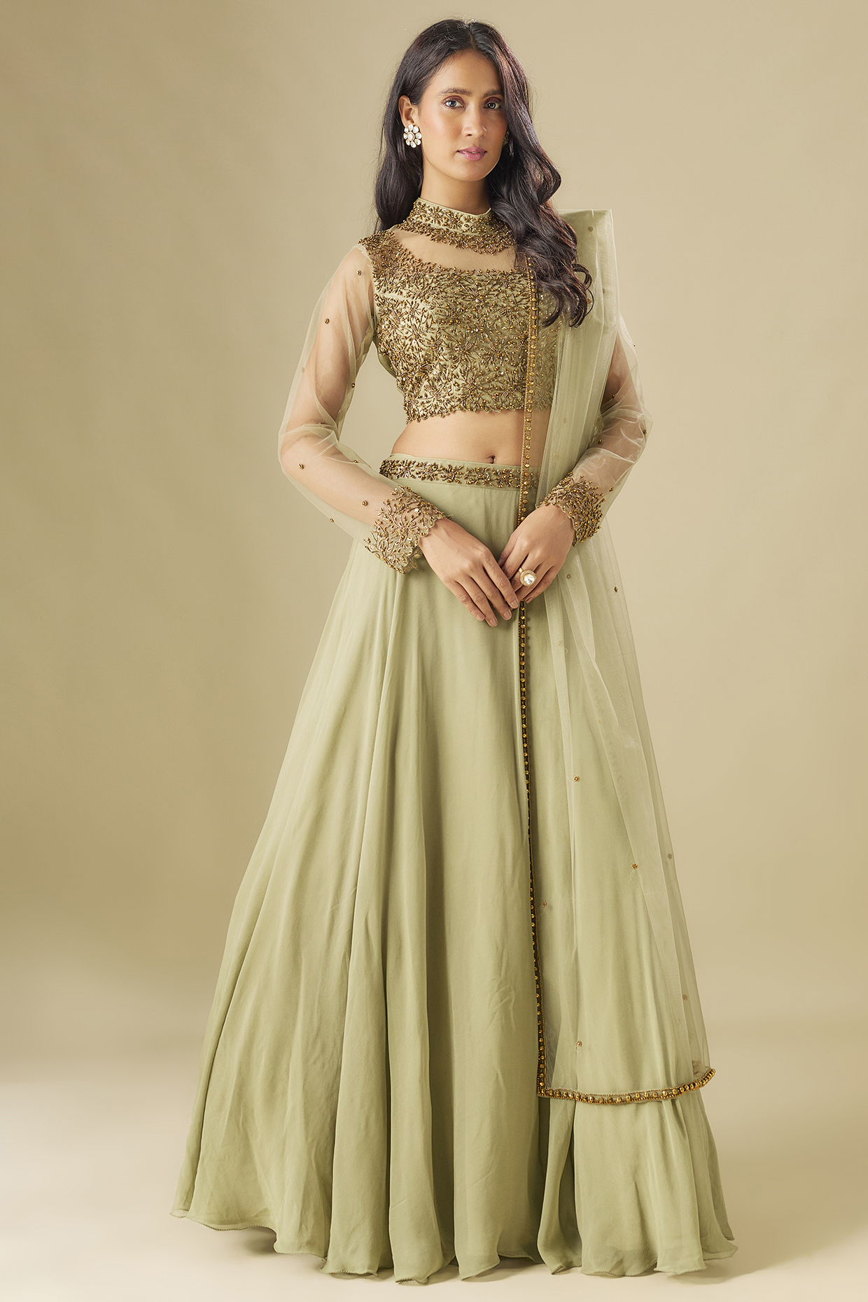 Sage Green Georgette Sequins Embellished Wedding Lehenga Set by FATIZ at Pernia's Pop Up Shop