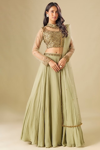 Sage Green Georgette Sequins Embellished Lehenga Set by FATIZ