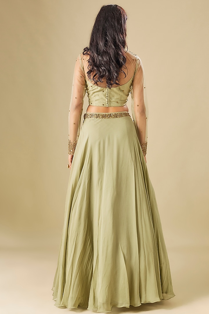 Sage Green Georgette Sequins Embellished Wedding Lehenga Set by FATIZ at Pernia's Pop Up Shop