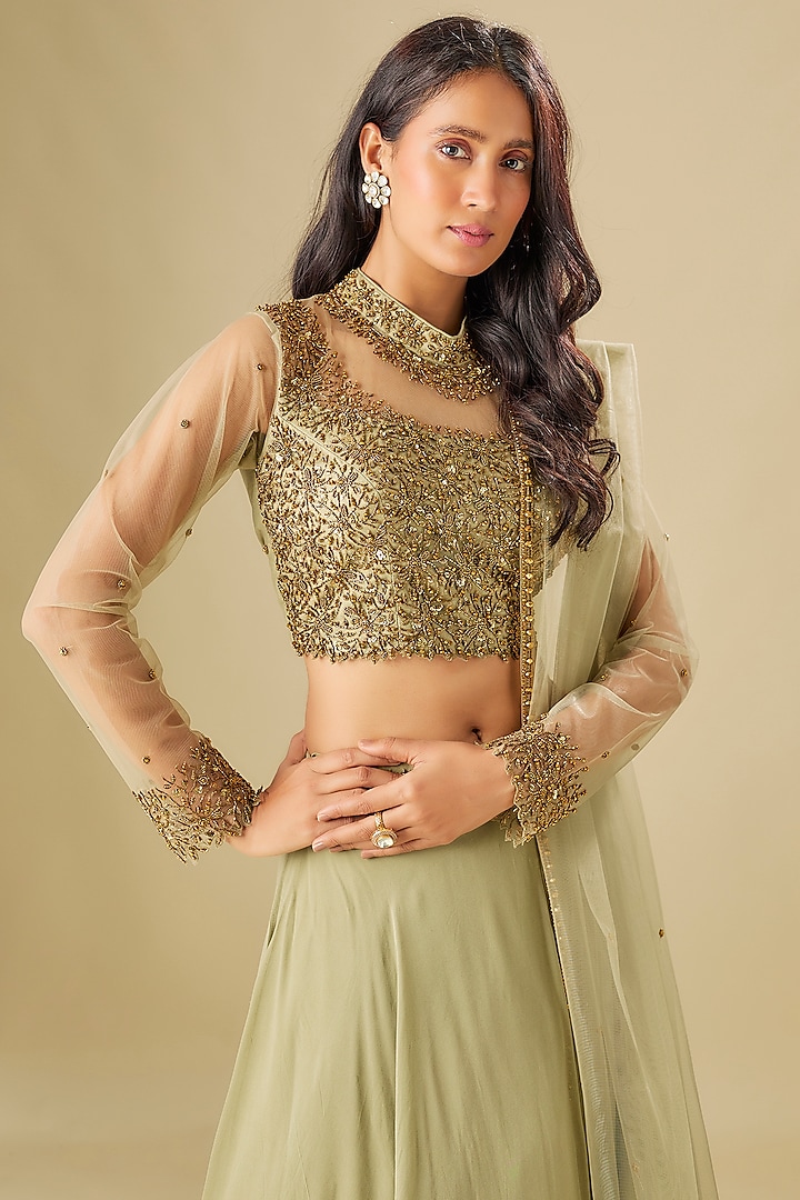 Sage Green Georgette Sequins Embellished Wedding Lehenga Set by FATIZ at Pernia's Pop Up Shop