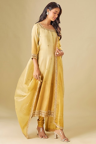 Yellow Tissue Georgette Crystal Hand Embellished Ombre Shaded Anarkali Set by FATIZ