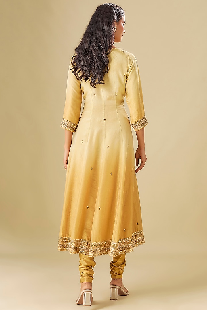 Yellow Tissue Georgette Crystal Hand Embellished Ombre Shaded Wedding Anarkali Set by FATIZ at Pernia's Pop Up Shop