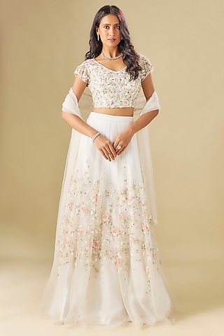 White Tulle Crystal Embellished Lehenga Set by FATIZ