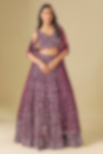 Wine Tulle Crystal Embellished Bridal lehenga for 22 Lehenga Set by FATIZ at Pernia's Pop Up Shop