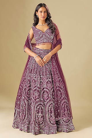 Wine Tulle Crystal Embellished Lehenga Set by FATIZ