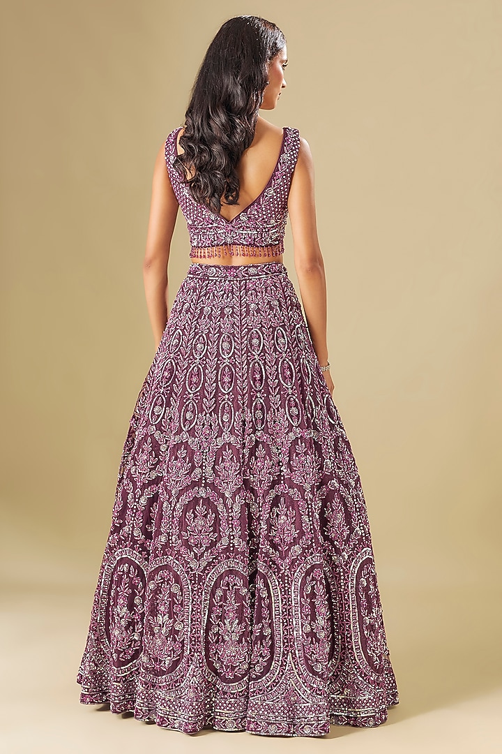 Wine Tulle Crystal Embellished Bridal Lehenga Set by FATIZ at Pernia's Pop Up Shop