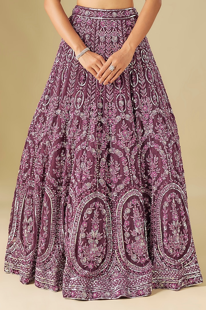 Wine Tulle Crystal Embellished Bridal Lehenga Set by FATIZ at Pernia's Pop Up Shop