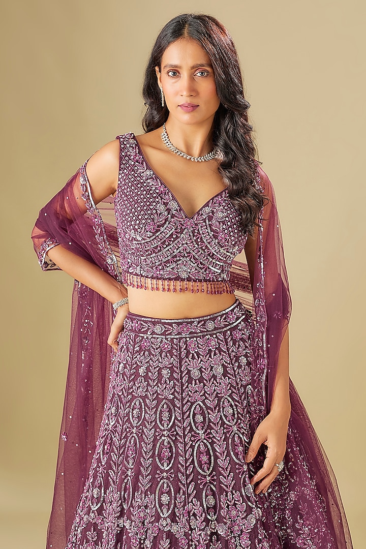 Wine Tulle Crystal Embellished Bridal Lehenga Set by FATIZ at Pernia's Pop Up Shop