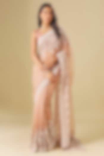 Dusty Rose Tulle Thread Embellished Wedding Saree Set by FATIZ at Pernia's Pop Up Shop