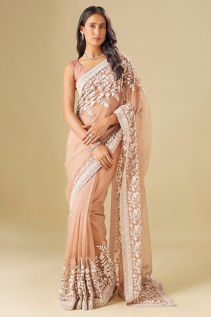 Dusty Rose Tulle Thread Embellished Wedding Saree Set by FATIZ at Pernia's Pop Up Shop
