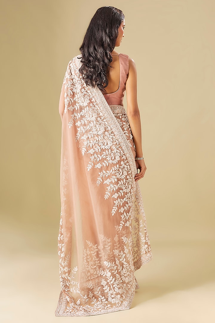 Dusty Rose Tulle Thread Embellished Wedding Saree Set by FATIZ at Pernia's Pop Up Shop