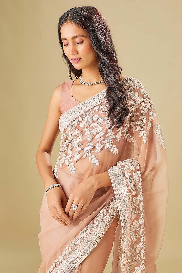 Dusty Rose Tulle Thread Embellished Wedding Saree Set by FATIZ at Pernia's Pop Up Shop