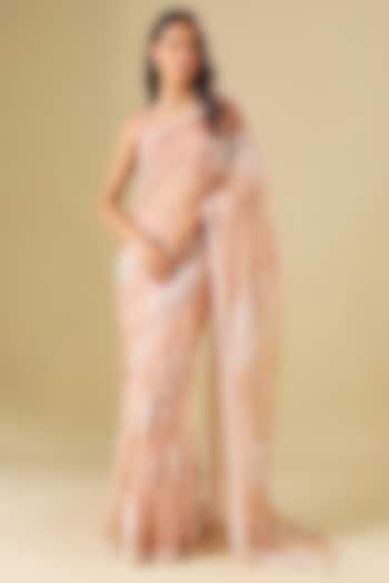 Dusty Rose Tulle Thread Embellished Wedding Saree Set by FATIZ at Pernia's Pop Up Shop