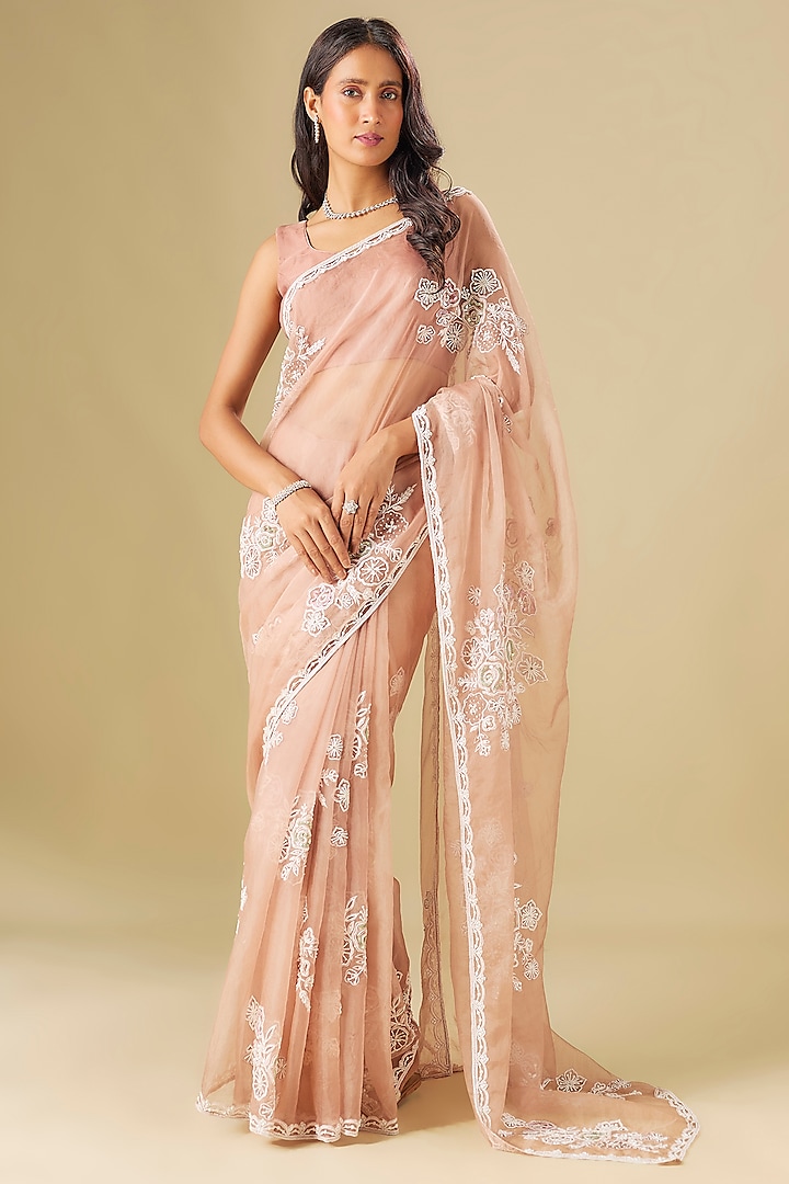Dusty Rose Tulle Thread Embellished Wedding Saree Set by FATIZ at Pernia's Pop Up Shop